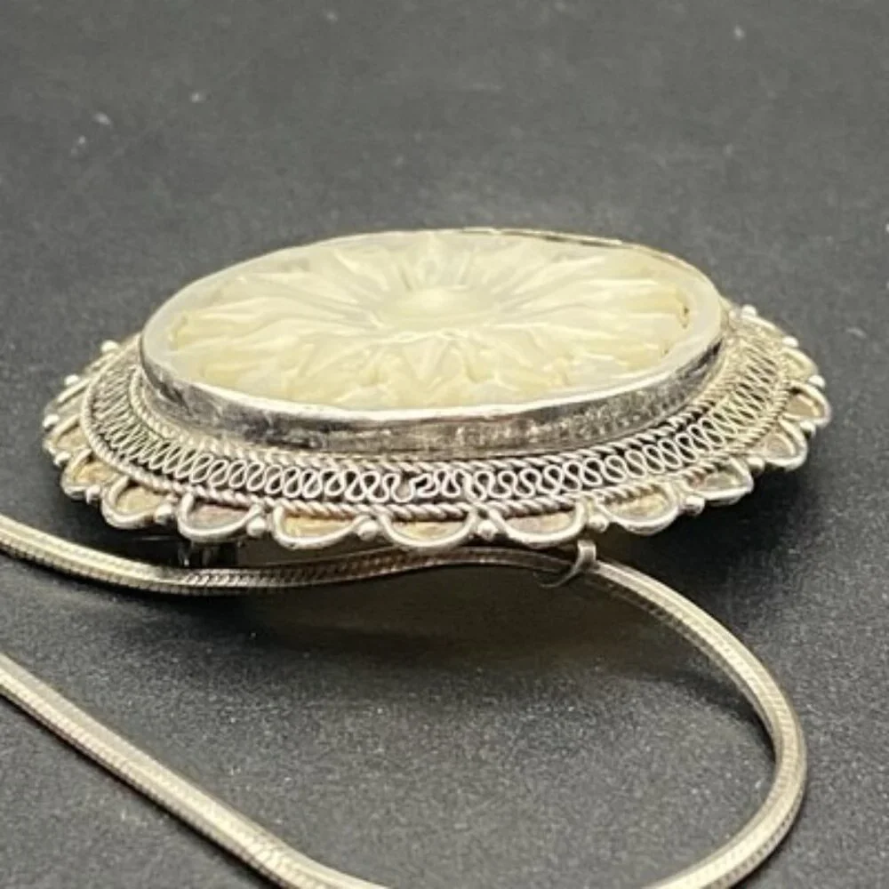 Vtg 950 Sterling Silver MOP Brooch Pendant Necklace Intricate Jerusalem 18” 14g - Picture 9 of 11